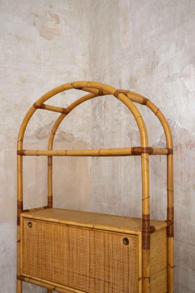 Rattan Bookcase with Drop Down Desk 1950s