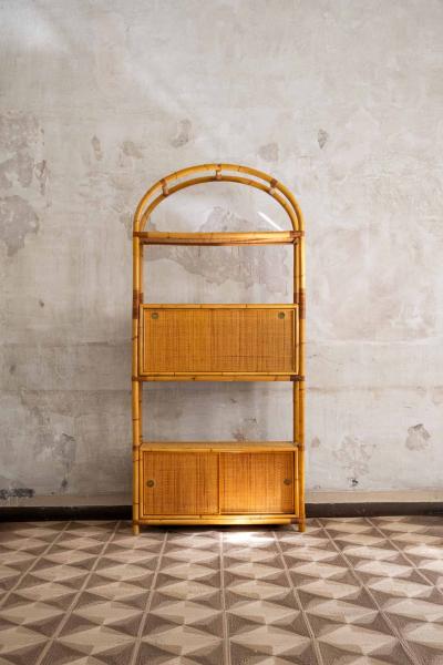 Rattan Bookcase with Drop Down Desk 1950s