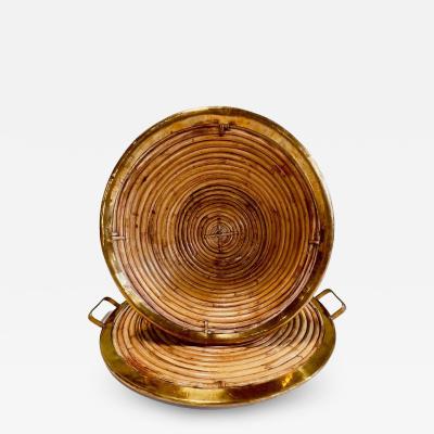 Rattan Brass Tray and Bowl Style of Gabriella Crespi Italy 1970