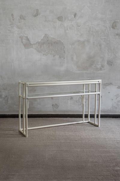Rattan Console Table With Glass Shelves And Leather Bindings Edizioni Molto