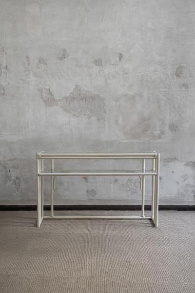 Rattan Console Table With Glass Shelves And Leather Bindings Edizioni Molto