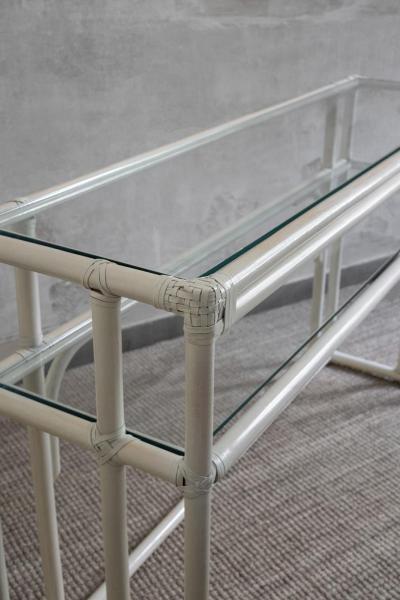 Rattan Console Table With Glass Shelves And Leather Bindings Edizioni Molto