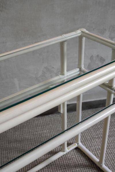 Rattan Console Table With Glass Shelves And Leather Bindings Edizioni Molto