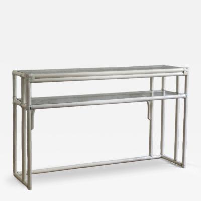 Rattan Console Table With Glass Shelves And Leather Bindings Edizioni Molto