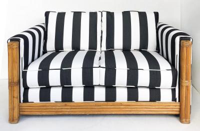 Rattan Loveseat Newly Upholstered with Black White Striped Fabric