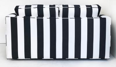Rattan Loveseat Newly Upholstered with Black White Striped Fabric