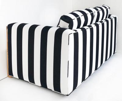 Rattan Loveseat Newly Upholstered with Black White Striped Fabric