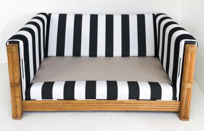 Rattan Loveseat Newly Upholstered with Black White Striped Fabric