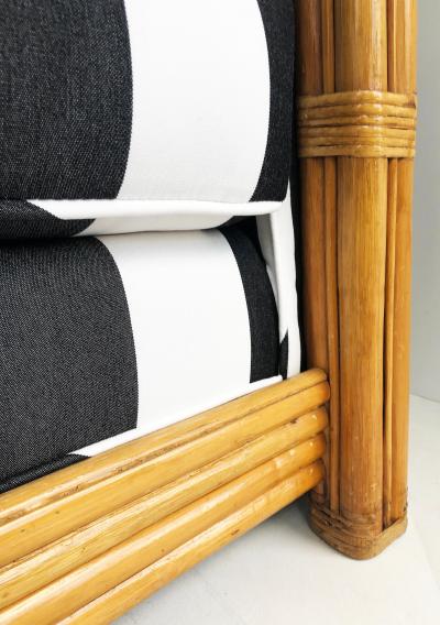 Rattan Loveseat Newly Upholstered with Black White Striped Fabric