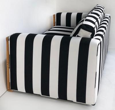 Rattan Loveseat Newly Upholstered with Black White Striped Fabric