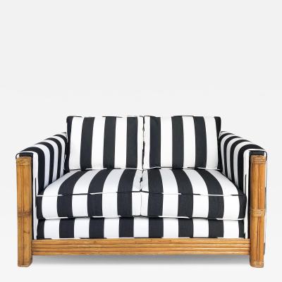 Rattan Loveseat Newly Upholstered with Black White Striped Fabric