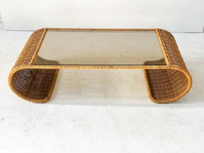 Rattan and Glass Waterfall Coffee Cocktail Table 1970