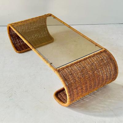 Rattan and Glass Waterfall Coffee Cocktail Table 1970