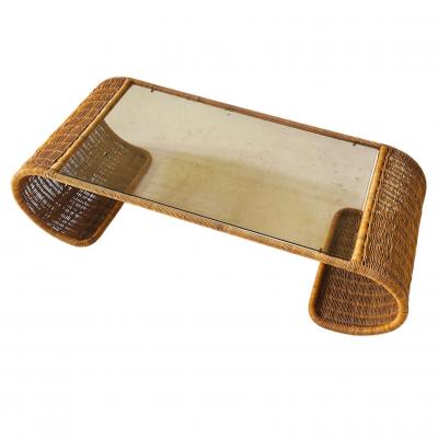 Rattan and Glass Waterfall Coffee Cocktail Table 1970