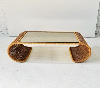 Rattan and Glass Waterfall Coffee Cocktail Table 1970