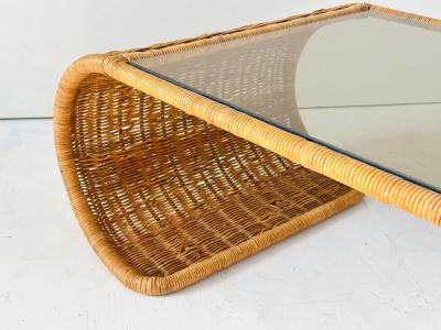 Rattan and Glass Waterfall Coffee Cocktail Table 1970