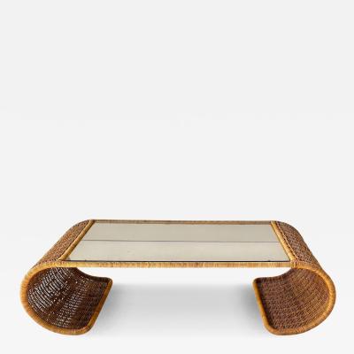 Rattan and Glass Waterfall Coffee Cocktail Table 1970