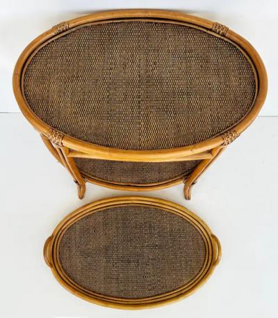 Rattan and Woven Grasscloth Oval Removable Tray Top Table