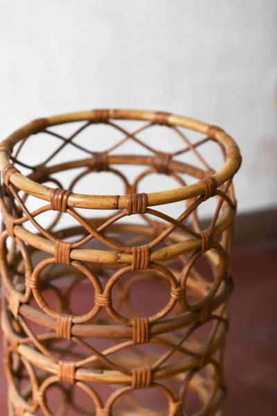 Rattan umbrella stand with geometric motifs Italy 1980