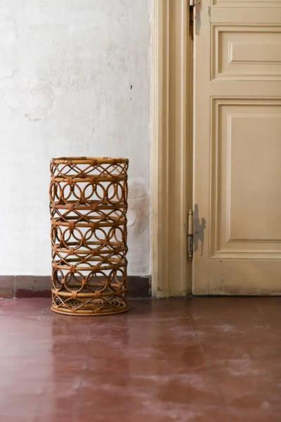 Rattan umbrella stand with geometric motifs Italy 1980