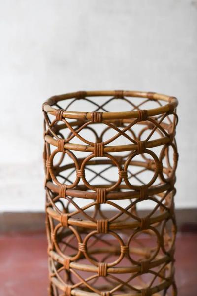 Rattan umbrella stand with geometric motifs Italy 1980