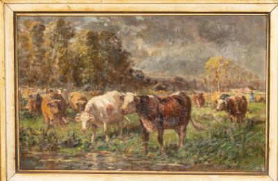 Raymond Desvarreux Oil On Canvas Painting Of Cows By Raymond Desvarreux