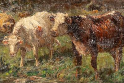 Raymond Desvarreux Oil On Canvas Painting Of Cows By Raymond Desvarreux
