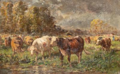 Raymond Desvarreux Oil On Canvas Painting Of Cows By Raymond Desvarreux
