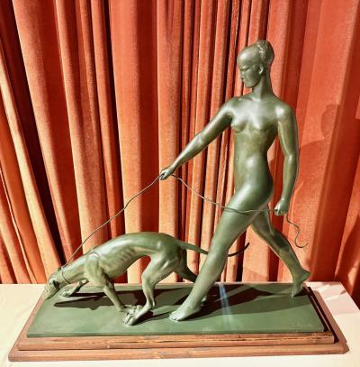 Raymond Leon Rivoire Art Deco Sculpture by Raymond Leon Rivoire Titled FEMME AU LEVRIER