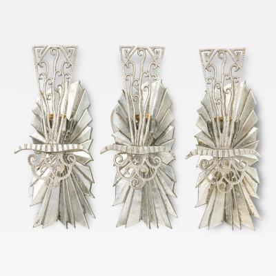 Raymond Subes 3 French Art Deco Silvered Bronze Wall Lights Sconces Manner of Raymond Subes