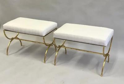 Raymond Subes Pair of French Modern Neoclassical Gilt Iron Benches in Style of Raymond Subes