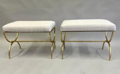 Raymond Subes Pair of French Modern Neoclassical Gilt Iron Benches in Style of Raymond Subes