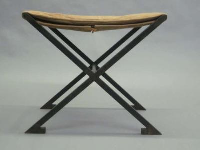 Raymond Subes Pair of French Modern Neoclassical X Frame Iron and Leather Stools Raymond Subes