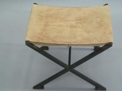 Raymond Subes Pair of French Modern Neoclassical X Frame Iron and Leather Stools Raymond Subes