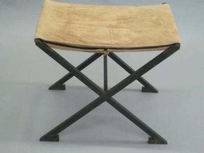 Raymond Subes Pair of French Modern Neoclassical X Frame Iron and Leather Stools Raymond Subes