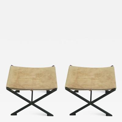 Raymond Subes Pair of French Modern Neoclassical X Frame Iron and Leather Stools Raymond Subes