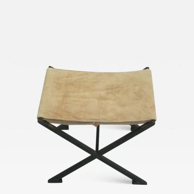 Raymond Subes Pair of French Modern Neoclassical X Frame Iron and Leather Stools Raymond Subes