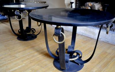 Raymond Subes Raymond Subes Pair of Wrought Iron Marble Top Coffee Table