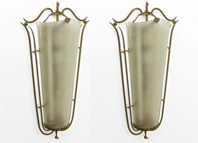 Raymond Subes Raymond Subes style pair of spectacular big sconces in frosted glass and bronze