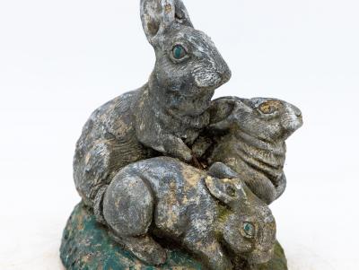 Reconstituted Stone Rabbit Bunnies Family Garden Ornament French 20th Century