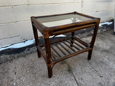 Rectangular Boho Chic Bamboo and Rattan End Table with Glass Top