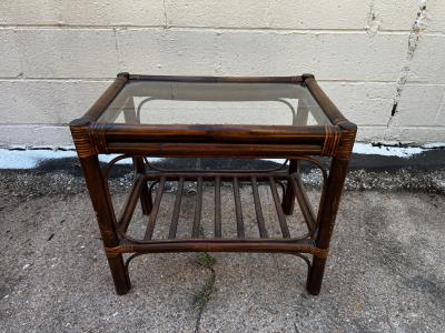 Rectangular Boho Chic Bamboo and Rattan End Table with Glass Top