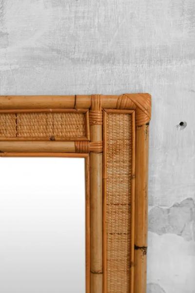 Rectangular Mirror with Bamboo and Cane Fabric Frame Italy 1970