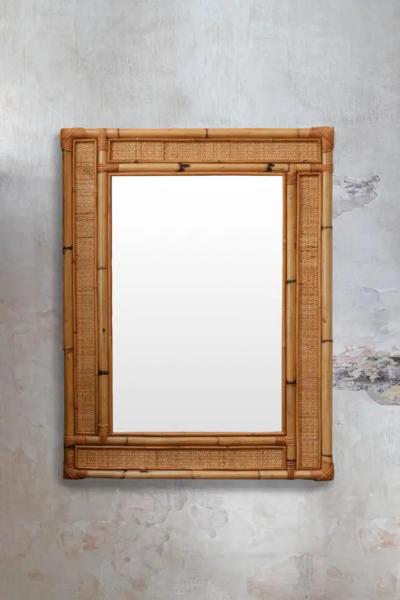 Rectangular Mirror with Bamboo and Cane Fabric Frame Italy 1970