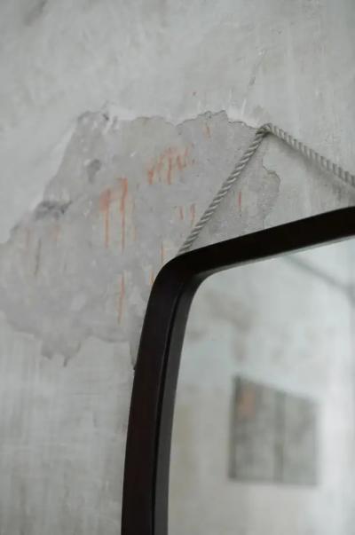 Rectangular Mirror with wooden frame and Leather cord Details 1950s