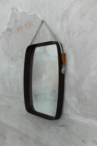 Rectangular Mirror with wooden frame and Leather cord Details 1950s