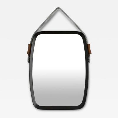 Rectangular Mirror with wooden frame and Leather cord Details 1950s