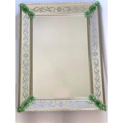 Rectangular Venetian Murano Glass Mirror Featuring Green Floreal Hand Carving