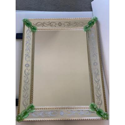 Rectangular Venetian Murano Glass Mirror Featuring Green Floreal Hand Carving