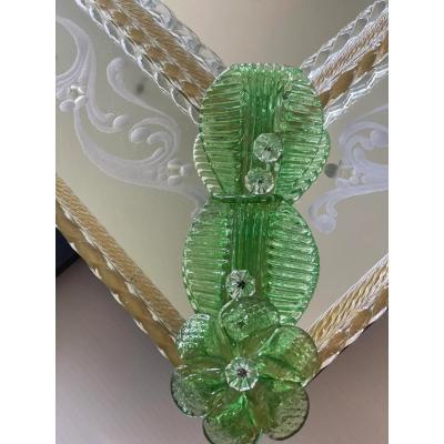 Rectangular Venetian Murano Glass Mirror Featuring Green Floreal Hand Carving